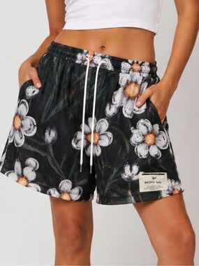 Ryoko Rain Floral Mesh Shorts Size M Black White Drawstring Streetwear